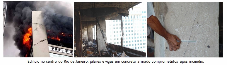 Edifício no centro do Rio de Janeiro, pilares e vigas em concreto armado comprometidos após incêndio.